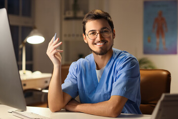 Sticker - Male nurse working evening shift at table in clinic