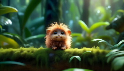 Wall Mural - A close-up of a small, furry creature in a jungle setting
