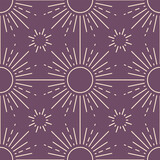 Fototapeta Dinusie - Seamless pattern suns on a blue background. Vector illustration in outline style. For cards, logo, decorations, invitations, boho designs.