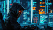 © Volodymyr Shcherbak - Portrait of android Robot in helmet. Cyborg breaks the code.