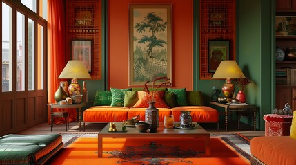 Wall Mural - an AI-generated representation of an opulent orange Asian Indian living room, 