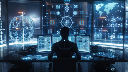 Man Working as a Developer, Surrounded by Big Screens Displaying Lines of Code in a Dark Monitoring Room. Black Male Programmer Using Desktop Computer, Analysing Data, Creating AI Software