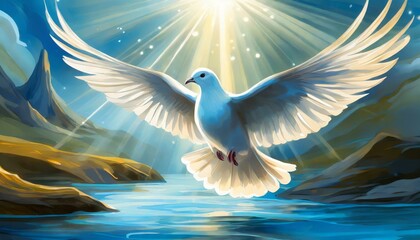 Poster - Holy Spirit: White Dove with Open Wings in a Light of Blue Sky