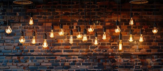 Sticker - A collection of illuminated light bulbs hangs from the ceiling in front of a brick wall in the city, creating a unique art display at the event venue