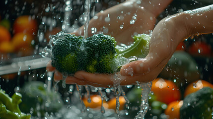 Wall Mural - pair of hands washing a broccoli head with a vigorous splash of water