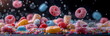 Banner with candy and jujube falling, close up, aesthetic, bokeh