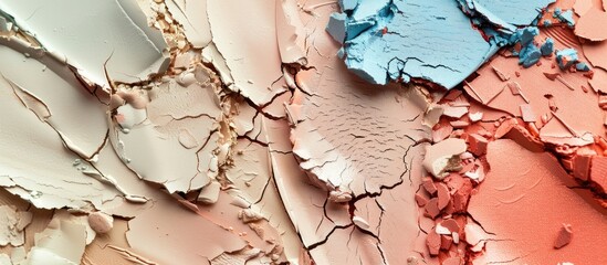 Poster - A closeup of a palette of various colored powders, resembling a vibrant landscape of plant, tree, water, rock, and soil art