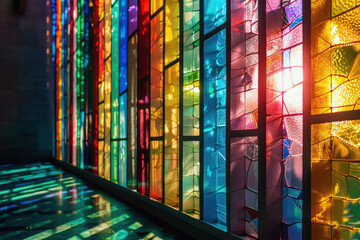 Wall Mural - Vibrant stained glass textures, spectrum of light, artistic expression through colored panels
