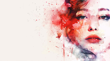 Wall Mural - Expressive watercolor woman's face, splashes of red, abstract beauty and the fusion of art with human emotion