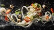 Udon Noodle Ingredients Floating in Air