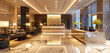A modern hotel lobby with sleek furniture and a sparkling marble reception desk