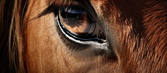 Canvas Print - A closeup of a horses eye with long eyelashes, showcasing the beauty of this terrestrial animal. The wrinkles around the snout and whiskers add to its fawnlike appearance in the landscape