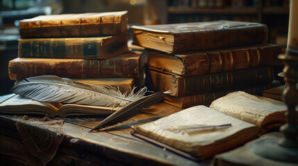 Wall Mural - A table with a pile of books and a feather pen