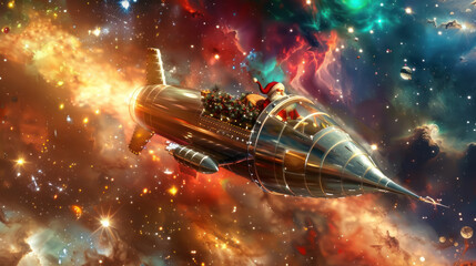 Wall Mural - A silver spaceship with Santa Claus on it flying through space
