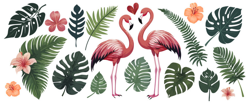 Tropical leaves, plants and flamingo. Vector modern floral illustrations of tropic print, palm leaf, monstera, fern, bouquet for greeting card, background