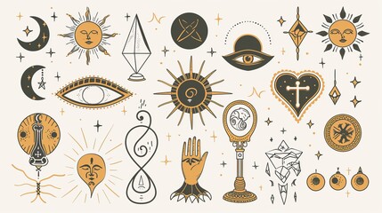 Wall Mural - A collection of sacred witch and mystical symbols in modern format including hour glasses, hearts, crystals, hands, moons, and ankhs