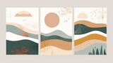 Fototapeta Zachód słońca - Boho wall decor. Mid century modern minimalist art print. Flat abstract design. Abstract contemporary aesthetic backgrounds landscapes set with Sun, Moon, sea, mountains. Earth tones, pastel colors.