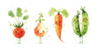 © M - An endearing set of vegetables painted in watercolor, each with a cute face, radiating personality and charm in a friendly garden ensemble.