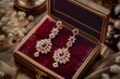 Close-up of an exquisite vintage jewelry set with earrings and pendant in a luxurious velvet case