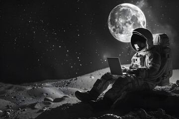 Wall Mural - Astronaut uses his laptop sitting on the moon, photo-realistic landscapes. 