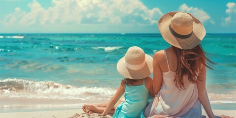 Happy mother and daughter in vacation on the sea