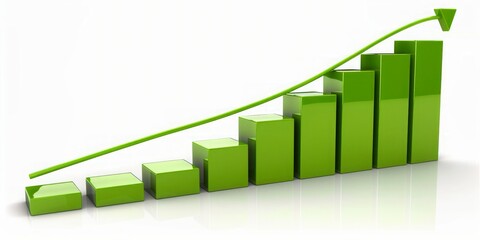 3D green graph chart with a rising arrow, representing increasing statistics or economic growth on a white background.