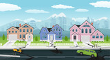 Fototapeta Dinusie - Earthquake damage city street with cracked earth and houses isometric vector illustration. Natural disaster catastrophe town destruction cityscape district with broken skyline building cottage and car