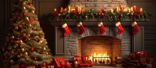 Wall Mural - glowing Christmas tree fireplace and gifts