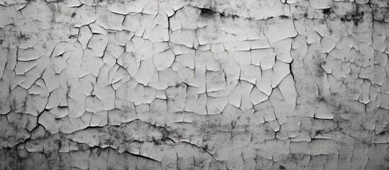 Poster - A monochrome photography of a cracked grey wall with a pattern resembling bedrock, freezing in time. The landscape features a tree and rock in the background