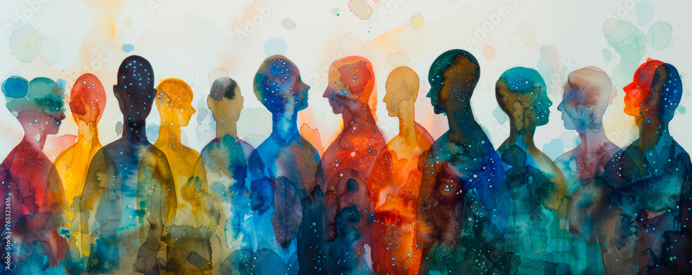 A painting depicting a group of individuals standing in a straight line ...