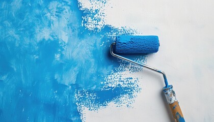 roller paints with blue paint on a white wall. by AI generated image