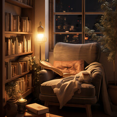 Poster - A cozy reading nook with a comfy chair and warm lights