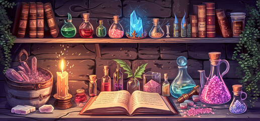 Wall Mural - Illustration of occult magic magazine and shelf with various potions, bottles, poisons, crystals, salt. Alchemical medicine concept	
