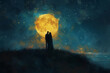 Painting featuring two people couple standing in front of bright full moon in starry night sky