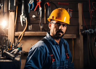 A 30s handsome technician worker with yellow helmet in mechanical shop