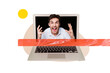 © deagreez - Photo collage picture young screaming man problem trouble furious aggression laptop screen display gadget device drawing background