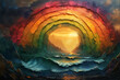 Colorful rainbow arcs over body of water in vibrant painting