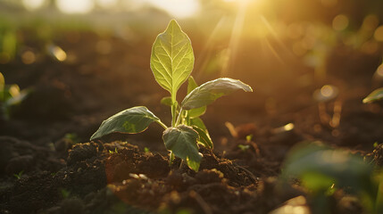 Wall Mural - Close Up of a Young Plant Bathed in Morning Light. Embracing the Energy of New Beginnings. Cultivating Agriculture and Eco Living