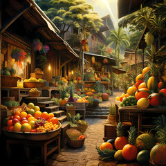 Canvas Print - A vibrant market scene with exotic fruits and vegetables