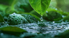 Close Up And Macro Big Drop Of Water Falls From Green Leaf To Wate,generative Ai