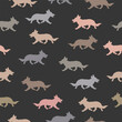 Running pembroke welsh corgi puppies differen colors. Isolated on a black background. Seamless pattern. Endless texture. Pet animals. Design for wallpaper, template. Vector illustration.