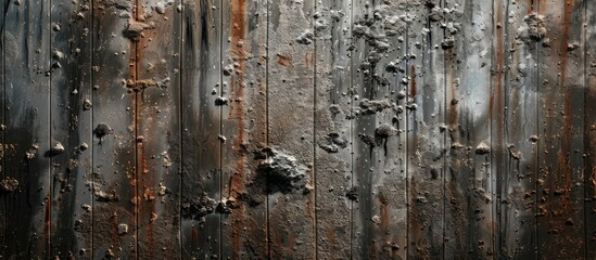 Sticker - A detailed shot of a corroded metal facade with water droplets. The contrast between the rusty metal and the smooth wood flooring creates a unique texture