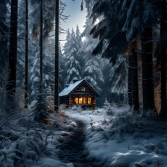 Wall Mural - An isolated cabin in a snowy forest. 