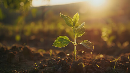 Wall Mural - Close Up of a Young Plant Bathed in Morning Light. Embracing the Energy of New Beginnings. Cultivating Agriculture and Eco Living