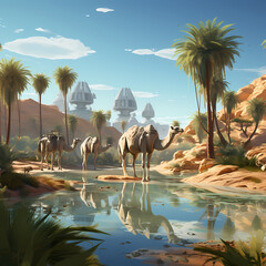 Sticker - Desert oasis with robot camels. 