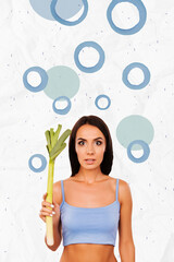 Poster - Vertical collage image young girl hold onion vegetable ingredient fit shaping figure bodycare healthy weightloss drawing background