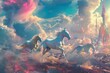 A fantasy scene featuring mythical horses galloping across a landscape of surreal, colorful clouds and metallic structures.