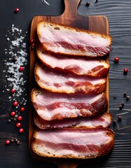 Slices of bread with smoked bacon on a cutting board, top view