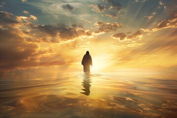 Wall Mural - A serene illustration of Jesus Christ walking on water during a sunset, with soft golden light illuminating his figure.
