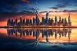 a city skyline with a reflection of a sunset